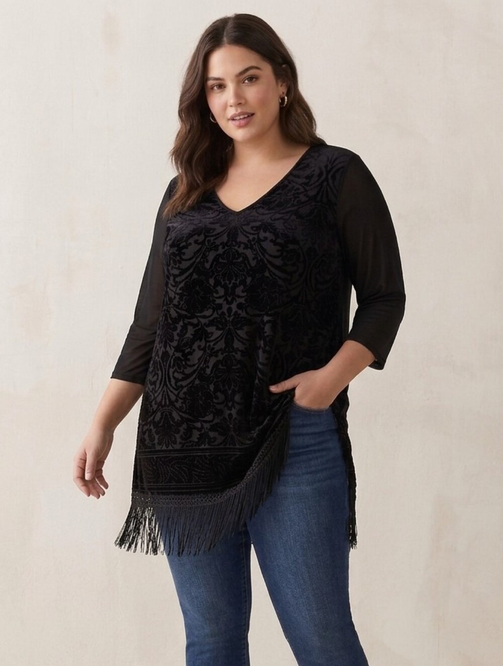 Catherines Black Fringe Floral Velvet Tunic Top Plus‎ Sz 22/24 Whimsigoth Grunge